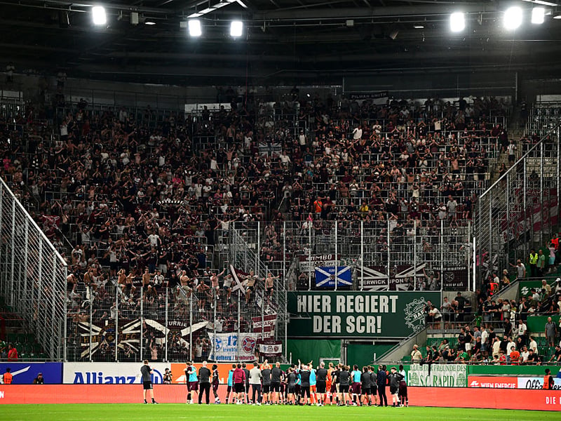Heart of Midlothian players celebrate after the UEFA Conference League 2026/27 Play Off Round Second Leg match between SK Rapid and Heart of Midlothian