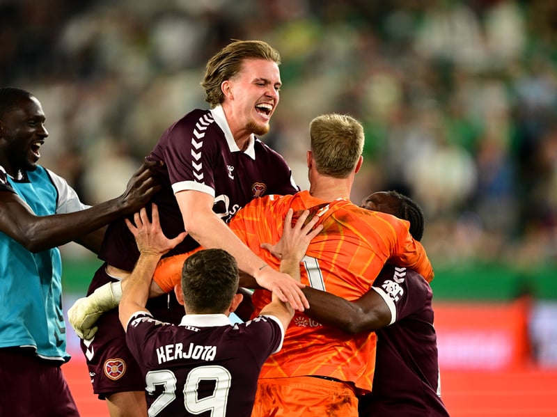 Hearts players celebrate with goalkeeper Beau Reus after the penalty shootout win over Rapid Vienna at the Allianz Stadion. (Photo by Christian Bruna/Getty Images)
