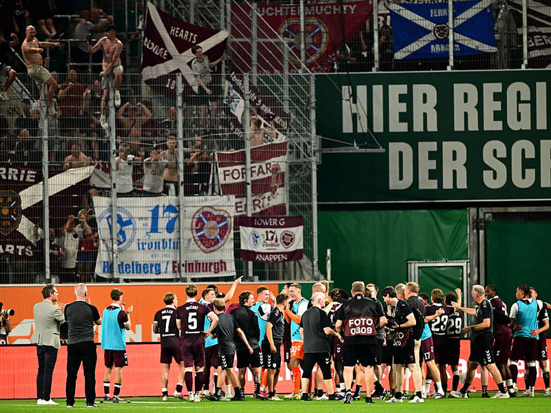 Heart of Midlothian players celebrate after the UEFA Conference League 2026/27 Play Off Round Second Leg
