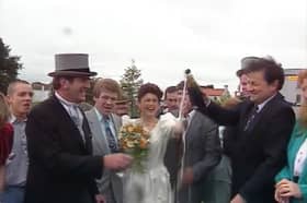 Gerry Rushe and Carmel Lally arrive for their huge wedding reception to be greeted by ffrench’s owner Padraig McGann and the first of 500 bottles of champagne