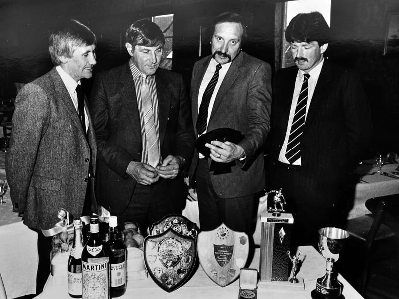 West Midlands League side Newport Town FC gathered at the Royal Victoria Hotel on May 25, 1985, for their annual dinner and presentation evening. Admiring the impressive lineup of silverware are, from left, retiring manager Bernard Hailey, former World Cup final referee and guest speaker Jack Taylor, club chairman Peter Coates, and incoming manager Chris Cadman. Were you in attendance at the Royal Victoria Hotel for this memorable end-of-season bash back in 1985?