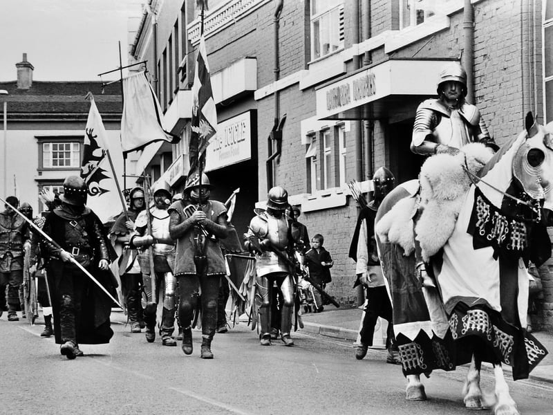 Newport was given a Tudor makeover in August 1985 as a cavalcade of troops led by Henry Tudor marched through Stafford Street. The re-enactment marked the 500th anniversary of the Battle of Bosworth, with local people taking on the roles of merchants, men-at-arms and bowmen. Look closely and you can also spot Tucker's store in the distance on the left, before its later collapse. Do you remember this event, or perhaps took part in the Tudor re-enactment?