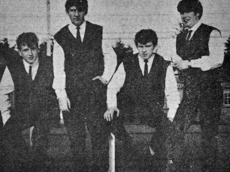 The Phantones from Oswestry, as seen in a picture used in the Shropshire Star in October 1964. The caption said: "Resident beat groups at the Plaza, Oswestry, who are now hoping to extend their bookings into Wales are the Phantones. Based in Oswestry, the boys formed their group in 1957 when two brothers, Trevor and Norman Jones, rhythm and lead guitarists, started as the Jones Boys. This was during the skiffle craze and soon they were joined by their drummer, 19-year-old Derek Blair and Mike (Abe) Lincoln, 17, who plays the bass. At first they called themselves the Phantomes but changed their name this year because a professional group has the same name. Soon they hope to branch into Welshpool and even further west. The group have about £750 worth of equipment, much of which has been hand-built to give them the sound they want."