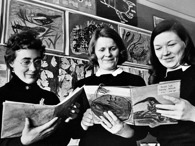 First-year student teachers admire work by pupils from Newport C of E School at an exhibition held at the Telford Teachers' Centre in Oakengates in November 1974. Pictured from left are Joan Gate, Ann Rees and Wendy Medlicott. It offers a lovely glimpse of school life and the pride taken in pupils' work more than 50 years ago. Do you remember Newport C of E School, or taking part in school displays like this?
