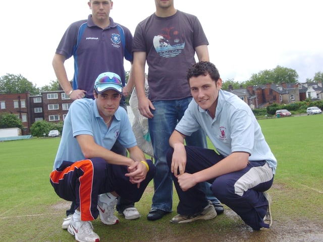 Doncaster Town Cricket Club called off their match with Appleby Frodingham on Saturday, after severe rain flooded their pitch. Back L-R are Luke Townsend, Chris Cusack, front L-R are Andrew Chadwick, and Dominic McGough 