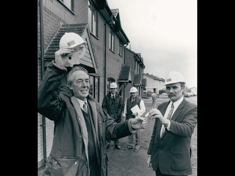 Housing inspector Vic Jones receives the keys to the first replacement homes in Conway Road, Doxey, in March 1989, marking the start of the replacement of Stafford's unusual post-war steel council houses. Built when bricks were in short supply after the Second World War, the homes had been intended as a short-term solution. Do you remember these distinctive houses in Doxey, or living in one of them?