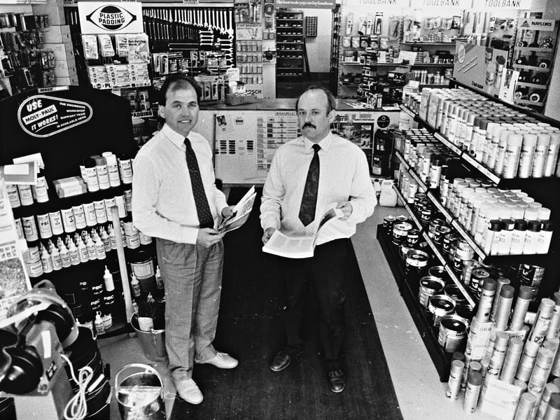 Peter Armfield and Charles Chudkowski are pictured inside the packed, neatly organised store at engineers' merchants Bearbreak Ltd in Netherton, Dudley, in September 1989. Shelves of equipment and supplies offer a glimpse of the working world at the time. Do you remember Bearbreak Ltd, or anyone who worked there?