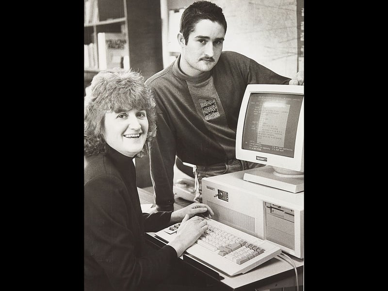 Val Farrar and Martin Hope get to grips with a computer during an Adult Education Services open day in February 1989 at Westox House, Trinity Road, Dudley. The event offered local people advice on training and learning opportunities at a time when computers were becoming an increasingly familiar part of working life. Do you remember taking a course through adult education, or using a computer like this one?