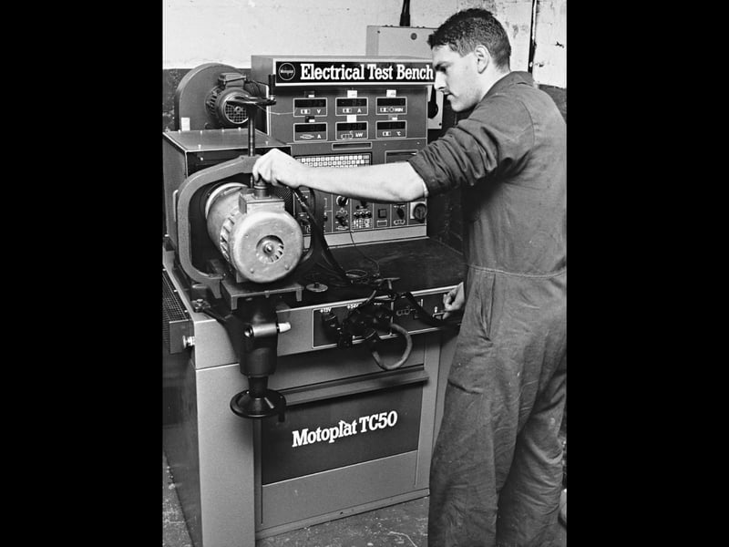 An alternator is checked before rectification at Kingswinford Fuel Injection Services in October 1989, when the firm achieved Ministry of Defence AQAP Part 4 status. It was a significant milestone for the local engineering business and a mark of its work to the required standards. Do you remember Kingswinford Fuel Injection Services, or anyone who worked there?