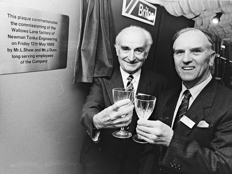 Long-serving employees Leon Shaw and John Dunn raise a glass to mark the opening of a new hi-tech production line at Newman Tonks in Walsall in May 1989. Their names were recorded on the plaque unveiled to mark the occasion, recognising their years of service as the company looked towards the future. Do you remember Newman Tonks, or anyone who worked there?