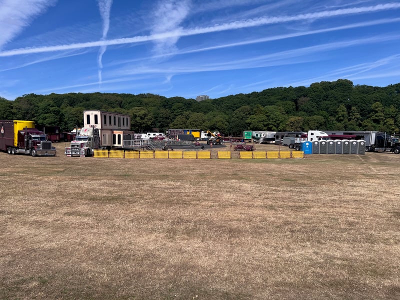 Circus lorries at a desiccated Endliffe Park, Sheffield. Photo: Iconic Media