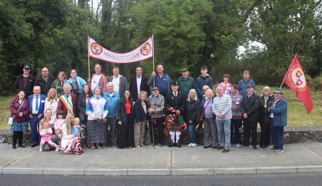 Attendees at the recent Mannion Clan Gathering pictured at the Mannion chieftains’ castle site in Menlough.