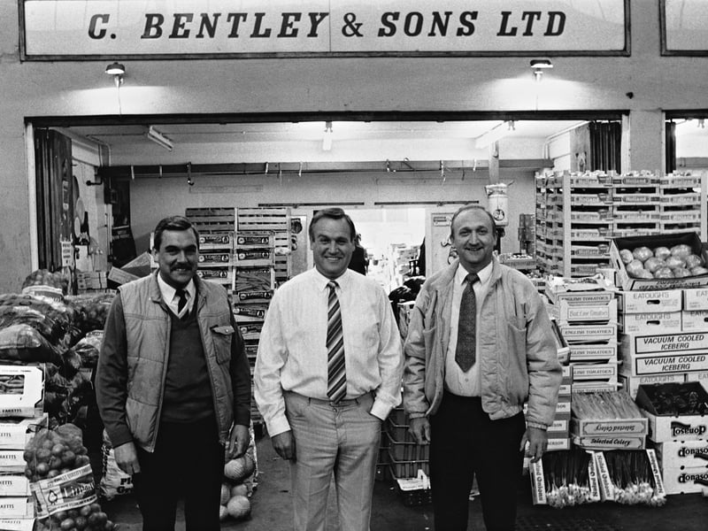 Barry Bentley, Clive Bentley and Billy Hill celebrate 50 years of C Bentley & Sons at Wolverhampton Wholesale Market in June 1989. Their unit is packed with fresh produce as the family-run grocers mark half a century in business. Do you remember C Bentley & Sons, or shopping at the wholesale market