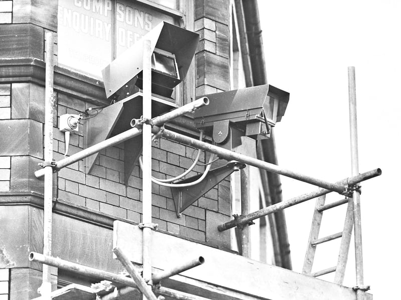 Newly installed "spy cameras" watch over Worcester Street in Wolverhampton in February 1989, offering an early glimpse of the town centre's growing use of CCTV. The technology would become an increasingly familiar sight on streets across the country. Do you remember when cameras like these first appeared in Wolverhampton?