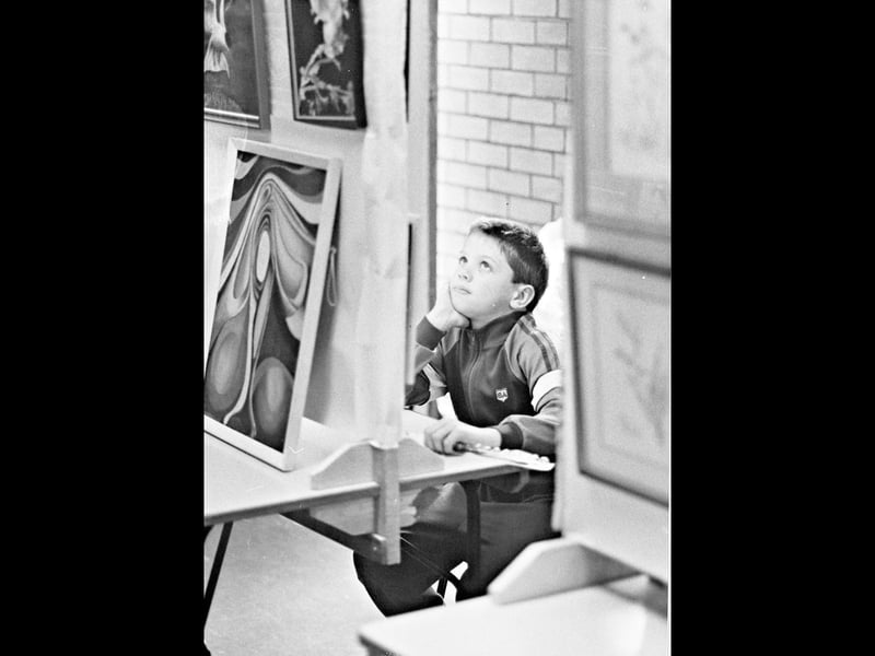 Young Scott Titley takes in the artwork at an amateur artists' exhibition organised to raise money for the Staffordshire Ambulance Service's Heart-Start appeal in Chadsmoor, Cannock, in October 1989. The event combined local creativity with fundraising for a cause that could help save lives. Do you remember the Heart-Start appeal, or visiting this exhibition?