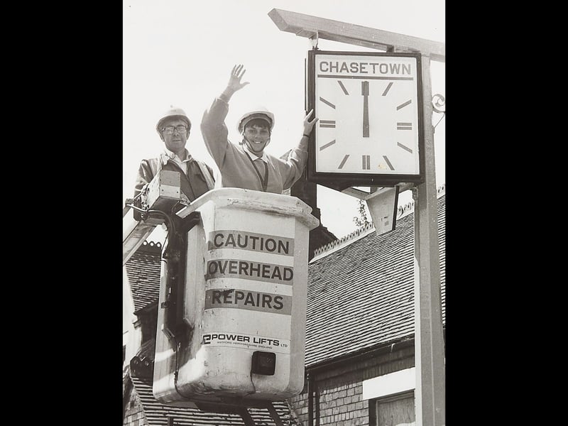 Councillor Marilyn Bamborough and Godfrey Chapman celebrate the return of Chasetown's clock with the big switch-on in August 1989. The High Street landmark had been removed two years earlier after being damaged by a lorry, but was repaired and restored to pride of place. Do you remember the clock before it was taken down, or watching it return?
