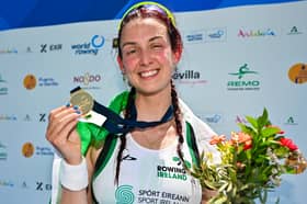 Fiona Murtagh celebrates after winning the silver medal in the Women's Single Sculls A Final during the 2026 World Rowing Cup at the La Cartuja High-Performance Center in Seville back in May. 