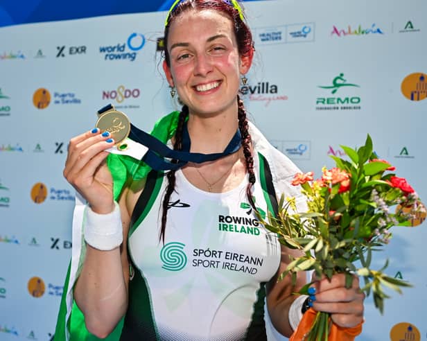 Fiona Murtagh celebrates after winning the silver medal in the Women's Single Sculls A Final during the 2026 World Rowing Cup at the La Cartuja High-Performance Center in Seville back in May. 