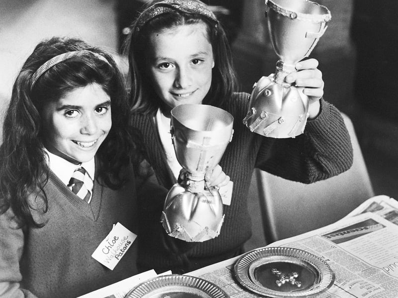 Walhouse Junior School pupils Chloe Altham and Jenny Harper show off altar vessels they made from plastic pop bottles during a visit to St Luke's Church, Cannock, in September 1989. The girls were taking part in Open Door Week, which gave local children the chance to explore the church. Do you remember Open Door Week, or school visits to St Luke's?