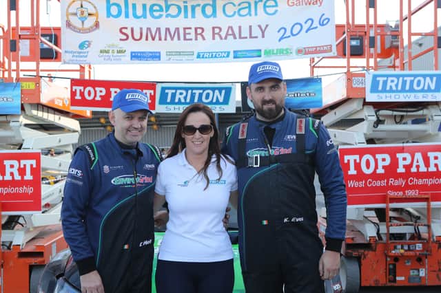 Runners-up Chirs Melly and Kevin Eves with Triton Showers Motorsport Ireland National Rally Championship manager Laura McMenamin.