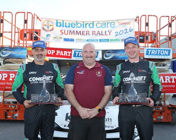Galway Motor Club president Padraig Murray with with winning crew of Keith Moriarty and Josh Moffett. 