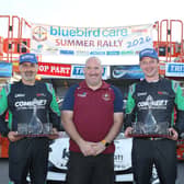 Galway Motor Club president Padraig Murray with with winning crew of Keith Moriarty and Josh Moffett. 