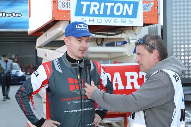 Keelan Grogan being interviewed by rally press officer Sean Moriarty
