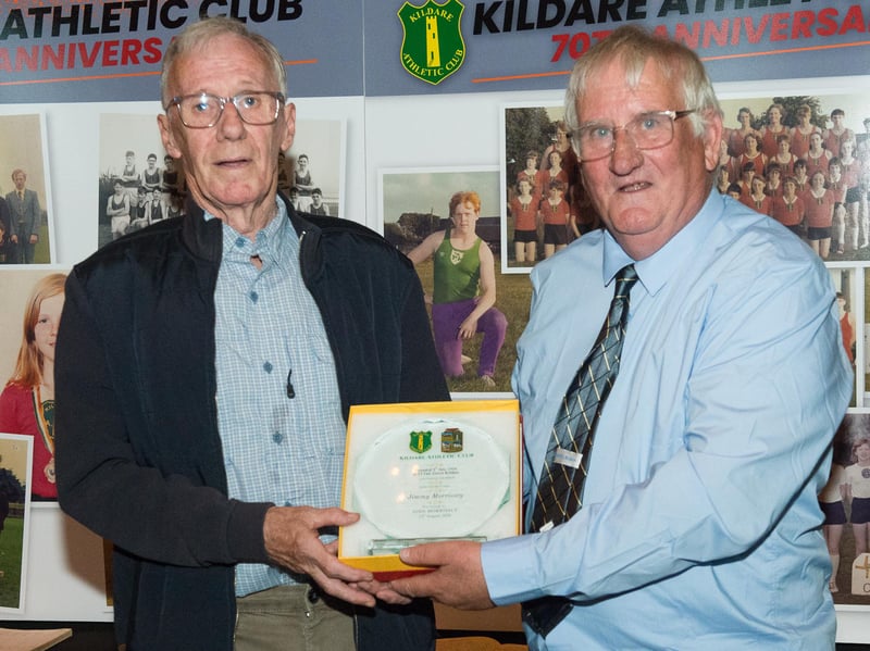 Michael Barber (Secretary) presenting a plaque to John Morrissey nephew of the late Jimmy Morrissey (First Secretary of Kildare Athletic Club 1956 - 1998) and founder member of Kildare Athletic Club
