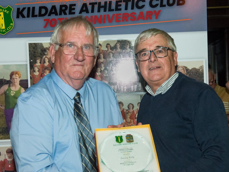 Michael Barber (Secretary) presenting a plaque to Martin Connelly nephew of the late Tommy Kelly who was President and founder member of Kildare Athletic Club