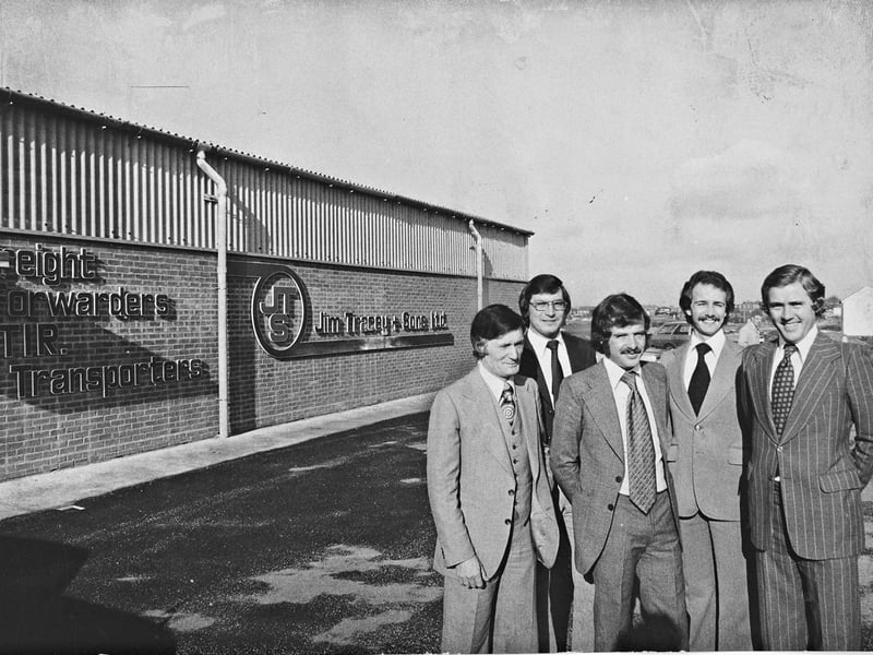 The management team at Jim Tracey and Sons, international hauliers, is pictured outside the company's Northgate headquarters in Aldridge on November 3, 1975. From left are Jim Tracey, Dennis Peacock, Richard Kitson, Robert Tracey and Guy Foster. The photograph offers a glimpse of a local business whose lorries travelled far beyond the area. Do you remember Jim Tracey and Sons, or seeing their vehicles on the roads?