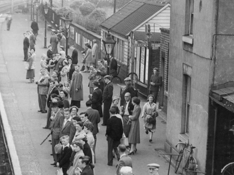 More of the passengers at Hebburn Station on a busy day in 1954. Passengers turned out in force for the Newcastle train as there was a bus strike.
