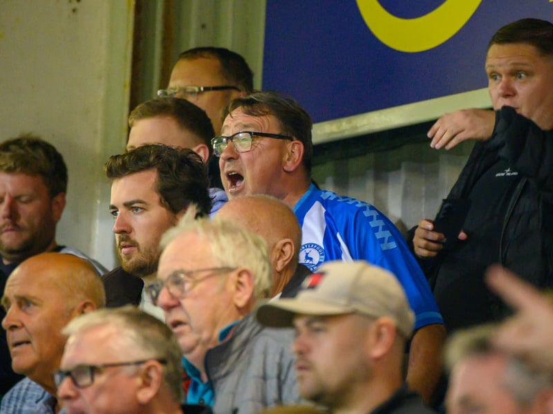Hartlepool United fans cheer on their side in their home defeat against National League rivals Eastleigh (photo Chris Fryatt)