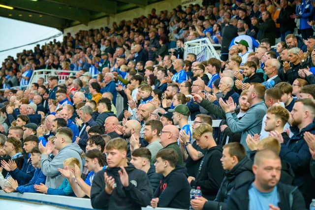 Hartlepool United fans cheer on their side in their home defeat against National League rivals Eastleigh (photo Chris Fryatt)