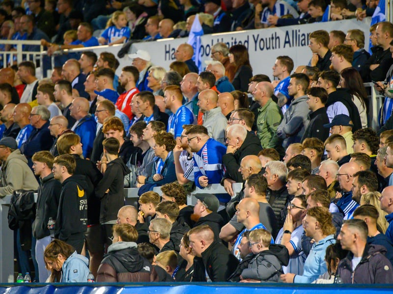 Hartlepool United fans cheer on their side in their home defeat against National League rivals Eastleigh (photo Chris Fryatt)