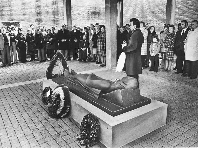 Datteln Mayor Horst Niggemeier lays a wreath at the sculpture in the Hall of Memory at the German War Cemetery on Cannock Chase in November 1975. He was among a 65-strong group visiting Cannock as part of the town-twinning links between the two communities, with the visit including the naming of Datteln Road in Chadsmoor. Do you remember the town-twinning celebrations, or the visit from Datteln?