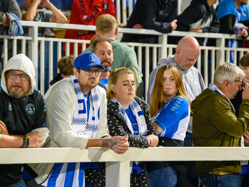 Hartlepool United fans cheer on their side in their home defeat against National League rivals Eastleigh (photo Chris Fryatt)