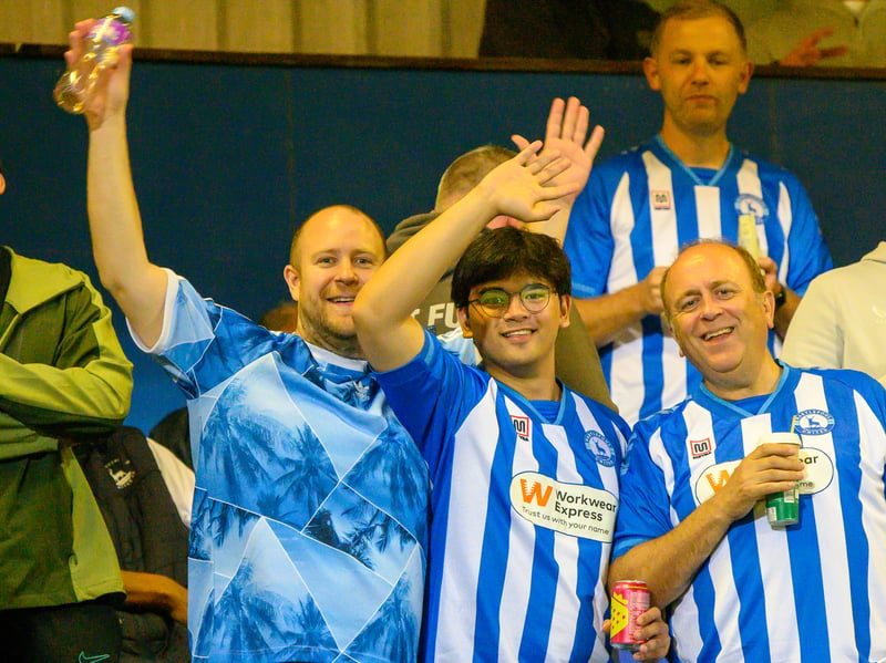 Hartlepool United fans cheer on their side in their home defeat against National League rivals Eastleigh (photo Chris Fryatt)