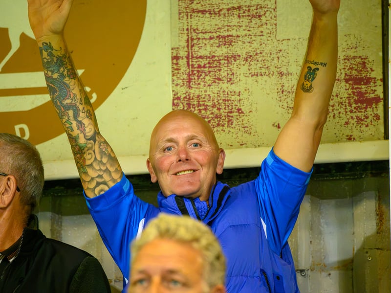 Hartlepool United fans cheer on their side in their home defeat against National League rivals Eastleigh (photo Chris Fryatt)