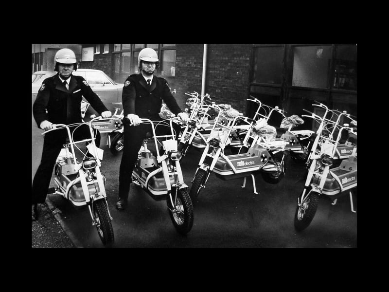 Security guards Harry Pritchard and Jack Ward take possession of what were claimed to be the first electric-powered mopeds in Britain, made by a factory in Brierley Hill. No petrol, no pollution and virtually noise free - that was the claim for the two-wheeled vehicles made by factory manager Colin Shaw, of Solo Power Equipment, back in December 1973. The first 100 mopeds had already been bought by Securicor. They could do up to 25 miles before recharging.