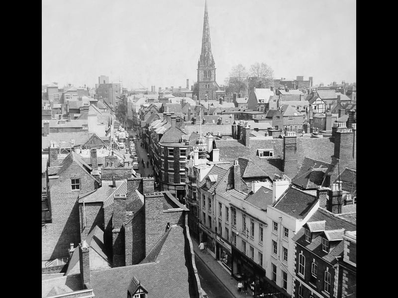 This rooftop view looks up Pride Hill in Shrewsbury on June 7, 1962, with St Mary’s Church standing out among the buildings and Maddox department store on the right in the foreground. At the top of the hill, work appears to be under way on the demolition of the Crown Hotel, which was pulled down that month. What other familiar buildings and businesses can you spot from this unusual vantage point? Do you remember Pride Hill before the changes of the 1960s?