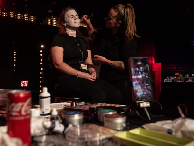 The make-up artists demonstrate some simple halloween designs including scary clowns and cuts/gashes.  Content creators from all over the UK were given a rare glimpse into some of the work that goes into preparing for Halloween at Blackpool Pleasure Beach. Photo: Lucinda Herbert