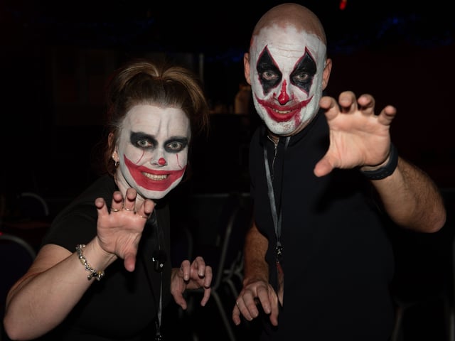 Brother and sister team Coaster Gems go for a matching clown look. ontent creators from all over the UK were given a rare glimpse into some of the work that goes into preparing for Halloween at Blackpool Pleasure Beach. Photo: Lucinda Herbert