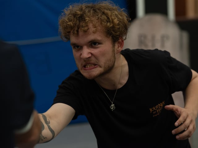 Scare actor, Tyler Thompson, demonstrates how its done, and gives some tips on staying in character. Content creators from all over the UK were given a rare glimpse into some of the work that goes into preparing for Halloween at Blackpool Pleasure Beach. Photo: Lucinda Herbert