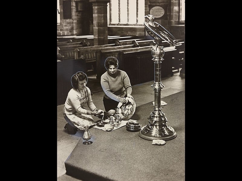Iris Weatherer and Mary Towers get to work polishing the church brass as members of St Luke's Women's Fellowship in Cannock in February 1975. Their careful work helped keep the church looking its best, with the gleaming brass a familiar feature of many places of worship. Do you remember helping to polish the brass at your local church?