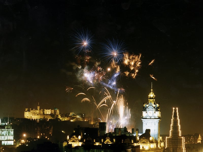 The Glenlivet Fireworks going off over Edinburgh to mark the end of the Edinburgh Festival in 1991.