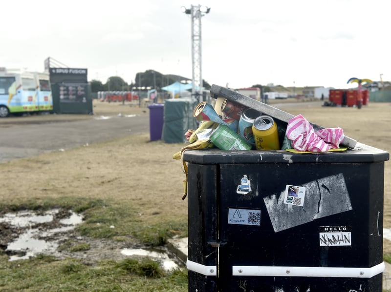Overflowing bins at Victorious Festival 2026.