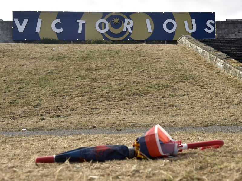 A discarded umbrella on Castle Field.
