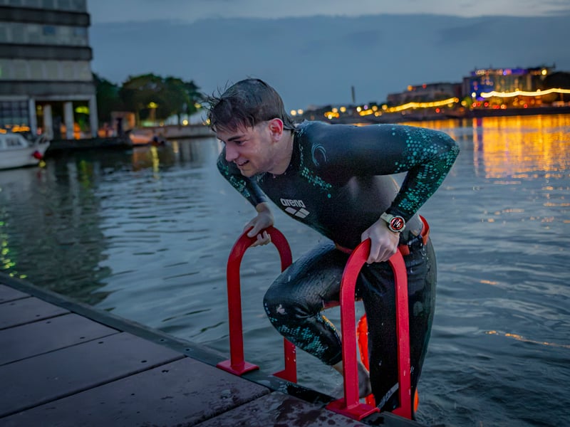 The moment it all comes to an end - Conor reaches the pier in Limerick after seven incredible days swimming the River Shannon.