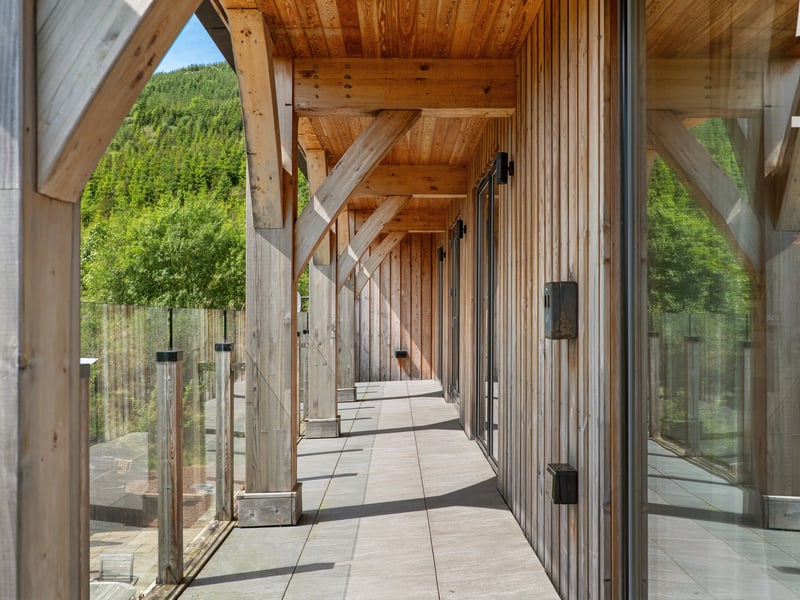 The larch cladding on the exterior