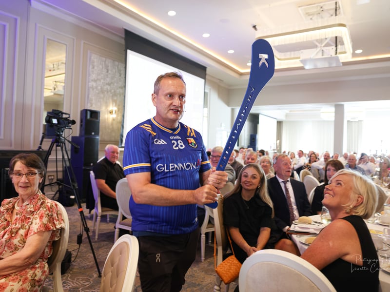 Comedian Mario Rosenstock with his Kiernan Steel hurley and making a hilarious pitch to become the next Longford hurling manager